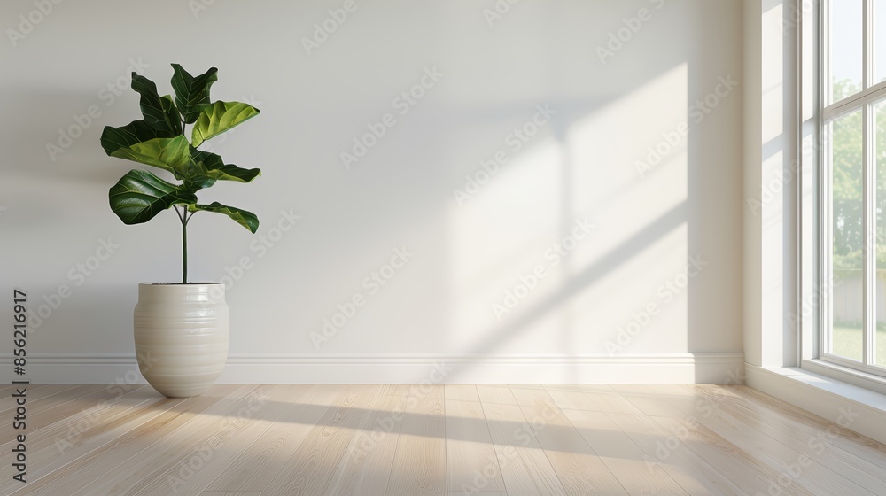 Elegant fiddle leaf fig tree in a weathered clay pot, modern farmhouse dining room with white oak floors and large windows, sunlit space Elegant fiddle leaf fig tree in a weathered clay pot, modern farmhouse dining room with white oak floors and large windows, sunlit space