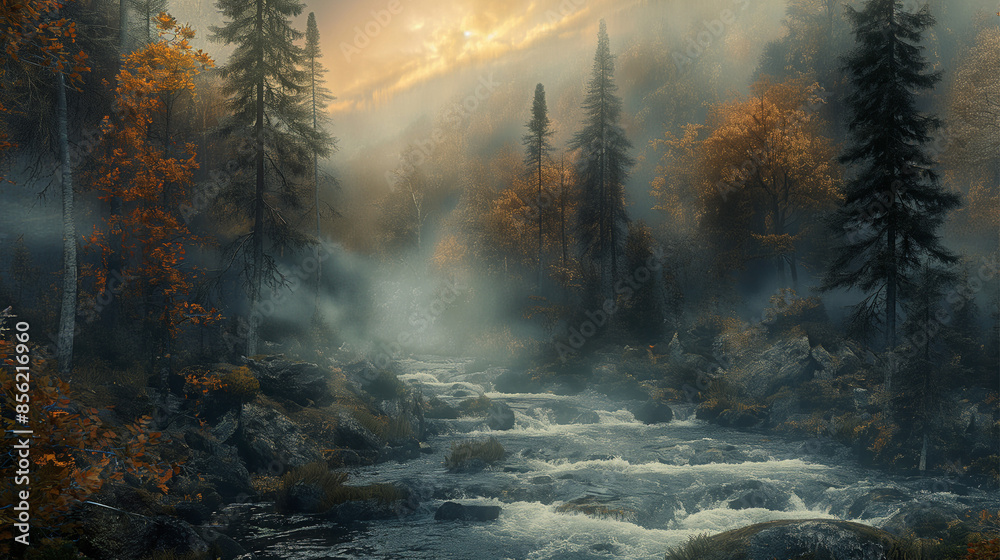 Panorama of mountain river in spooky forest and small town