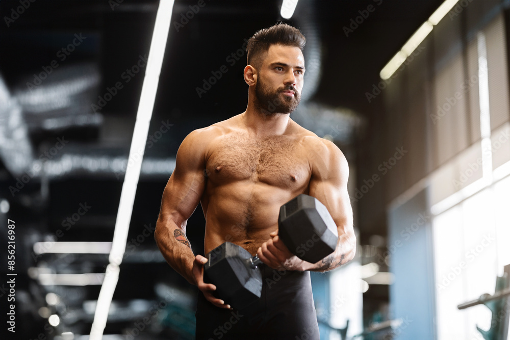 Sport and motivation. Muscular athlete with naked torso exercising with dumbbell in gym, free space