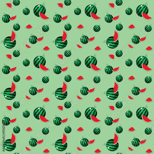 Cartoon wallpaper. Vector illustration. Watermelon pattern in abstract style on a green background. Abstract seamless pattern. Seamless repeating pattern.