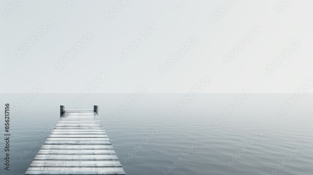 Fototapeta premium Far view of a rustic fishing pier surrounded by calm water, depicted against a pristine white background, emphasizing the details of the wooden planks and fishing tools