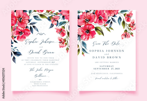 Wedding floral invite, invitation save the date card design with red flowers, Vector cute template