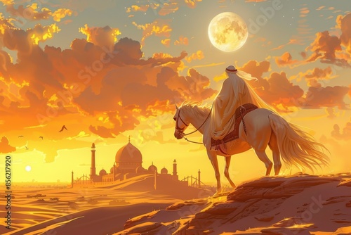 arabian man riding horse in desert at sunset photo