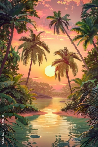 tropical sunset with palm trees and water