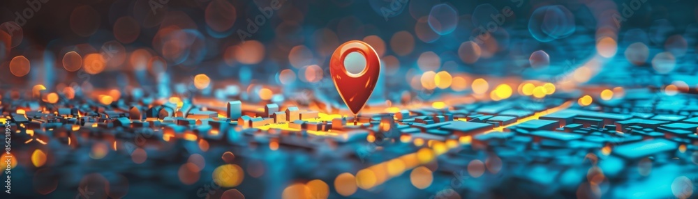 Location pin highlighted on an abstract digital map Location pin highlighted on an abstract digital map