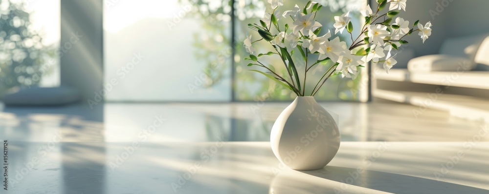 Minimalist living room interior with white flowers in vase, sunlight and blurred background. Tranquil and modern home decor concept Minimalist living room interior with white flowers in vase, sunlight and blurred background. Tranquil and modern home decor concept