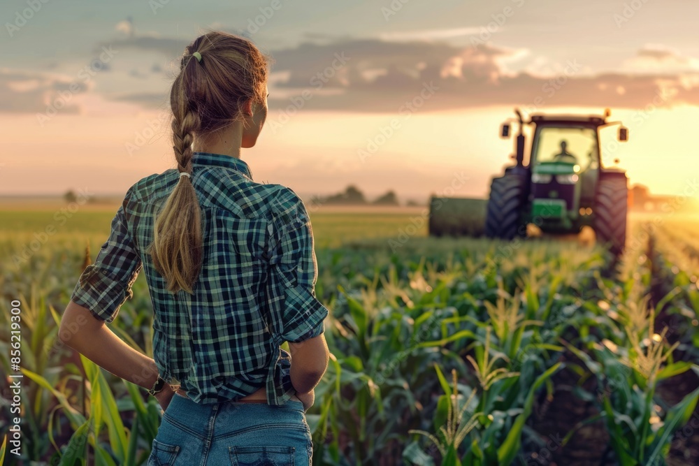 Fototapeta premium Young woman farmer standing on corn field during baling. Tractor in background
