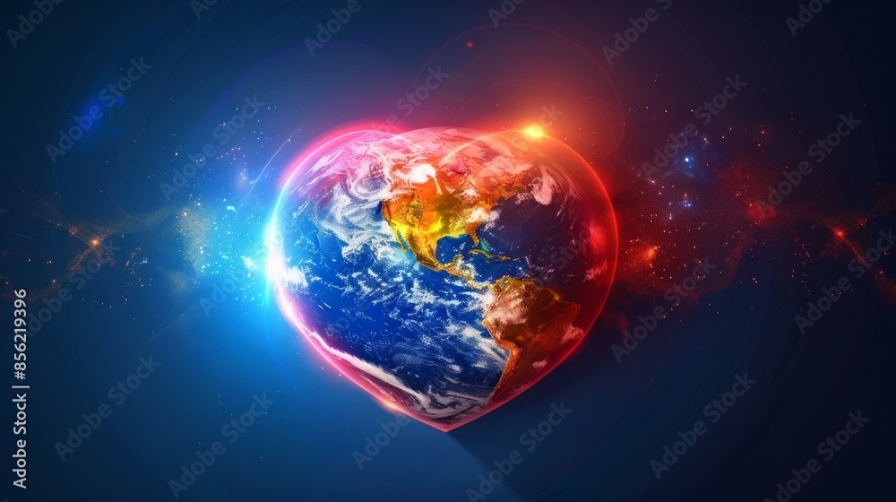 Fototapeta premium Heart-shaped planet earth radiating light, symbolizing love, unity, and global connection in a vibrant, cosmic scene, World humanitarian day