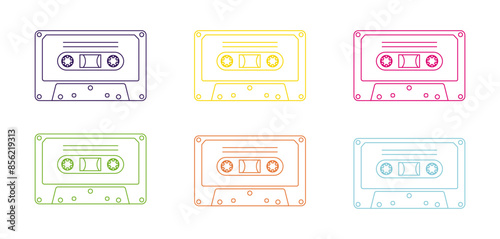 90s retro elements. Set of cassettes with audio tapes. Aesthetics of the 90s. Line art graphics.