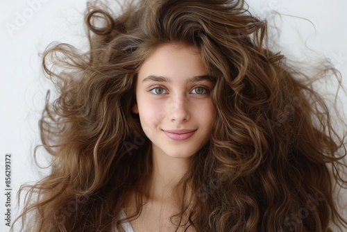 Portrait of Woman with Voluminous Brown Hair. Generative AI.