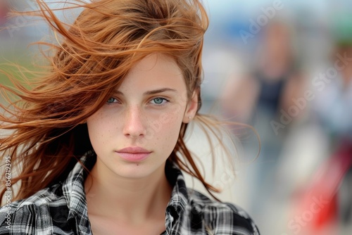 Young Woman with Windblown Red Hair Outdoors. Generative AI.