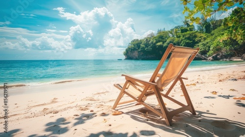 Photo of wooden deck chair at tropical beach with breathtaking nature background, professional photo, contrast colors, copy space, advertising shoot © shooreeq