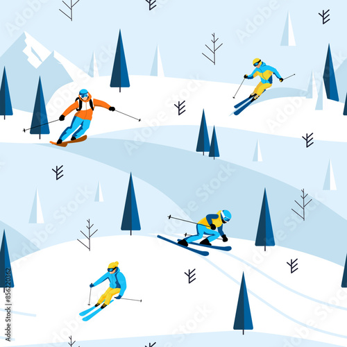Skiers descending a snowy mountain with trees on slopes, flat design, light blue background. Winter sports adventure concept. Vector illustration