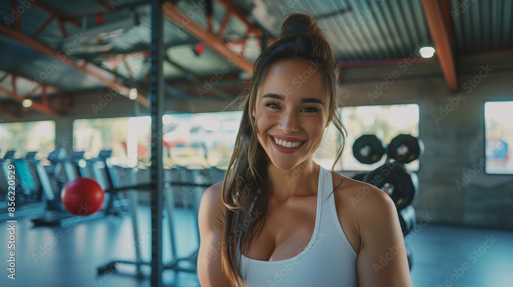 Fototapeta premium Smiling latina woman in gym with equipment in the background.