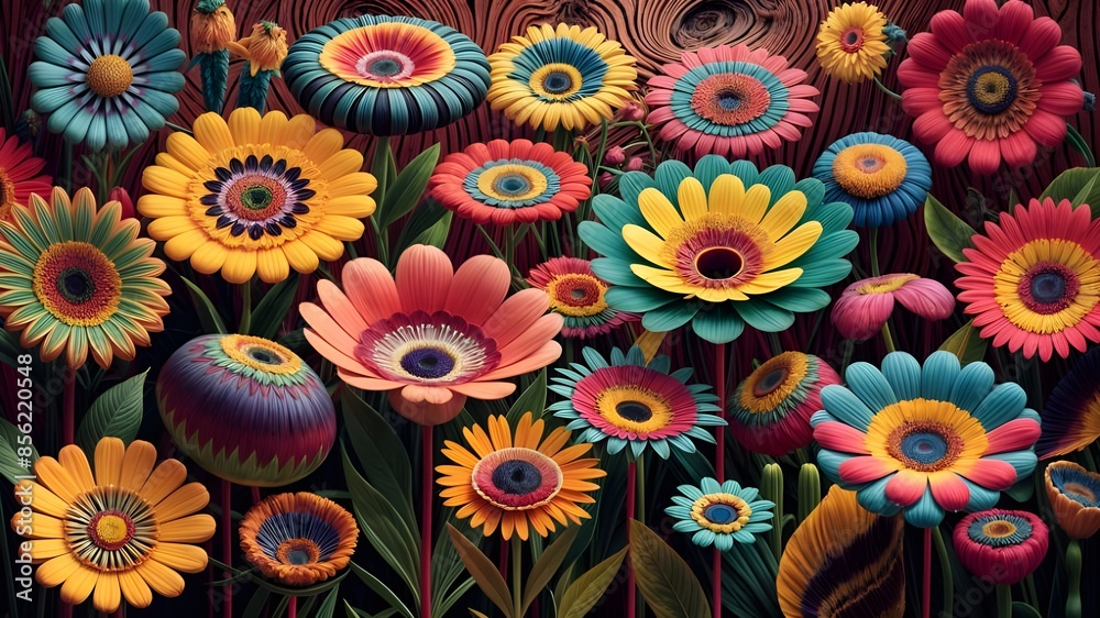 A colorful display of flowers with a circle of yellow and blue colors. A colorful display of flowers with a circle of yellow and blue colors.