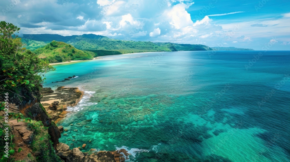 Wild island ocean tropical beach, breathtaking view, saturated colors