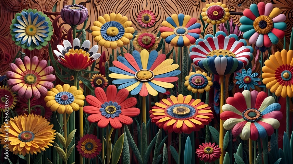 A colorful display of flowers with a circle of yellow and blue colors. A colorful display of flowers with a circle of yellow and blue colors.
