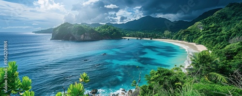 Wild island ocean tropical beach, breathtaking view, saturated colors