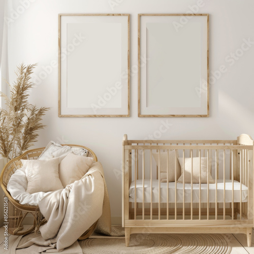 Empty photo of two large frame mockups on the wall, wooden frames in beige color, 3D render