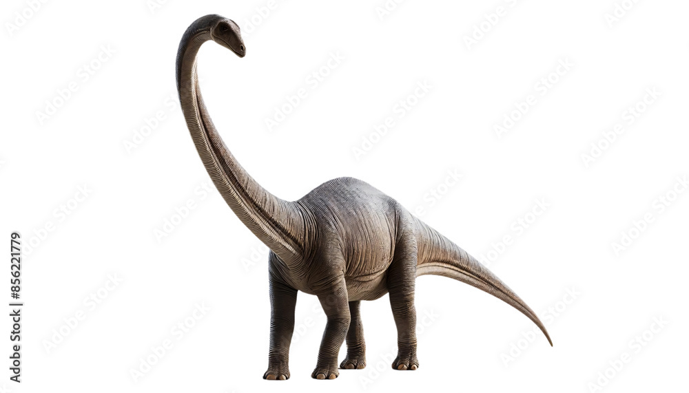 Fototapeta premium A realistic Brachiosaurus standing upright with its long neck extended on a transparent background