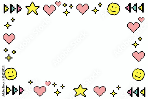 Pixel art frame with funny elements. Smile, music, heart, star, sparkle. Colorful design. Y2k trendy playful pixelated summer background and banner, poster template. Vector illustration