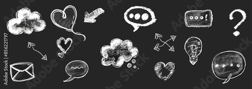 Speech bubble vector set, texture comic talk balloon doodle kit, hand drawn crayon cloud message. Speak dialog communication frame, hearts, arrow, question. Chalk marker speech bubble drawing box