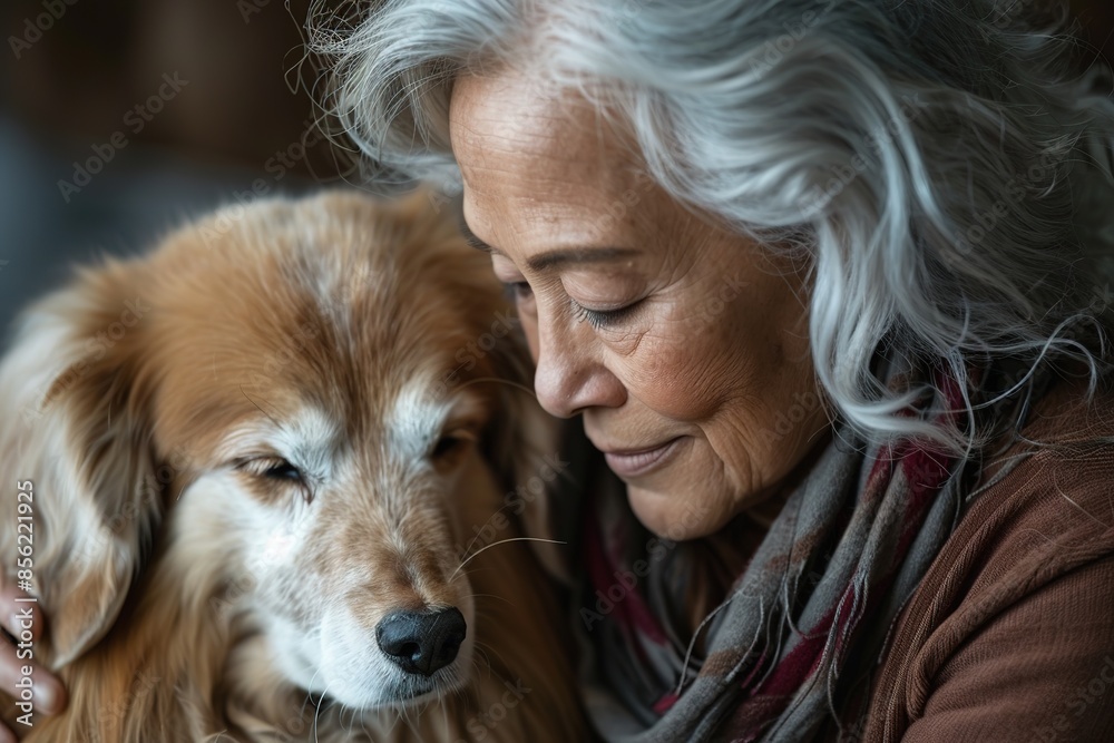 Senior woman embracing pet dog, showing love and care Senior woman embracing pet dog, showing love and care