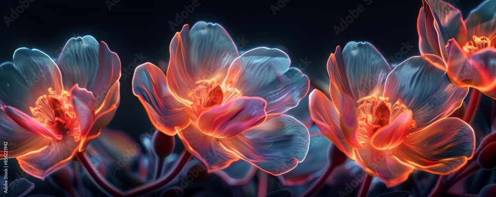 Glowing petals of flowers in a dark background Glowing petals of flowers in a dark background