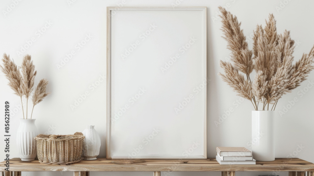 white mockup poster frame on rustic shelf, wooden console with wicker baskets and vases of pampas grass, white wall background, boho style home interior design 3D render white mockup poster frame on rustic shelf, wooden console with wicker baskets and vases of pampas grass, white wall background, boho style home interior design 3D render