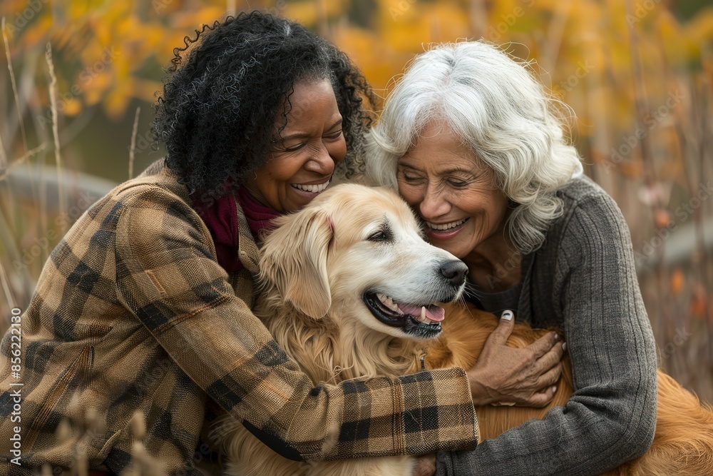 Multiethnic senior women embracing their golden retriever outdoo Multiethnic senior women embracing their golden retriever outdoo