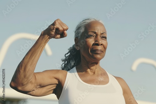 Strong senior woman flexing muscles under open sky