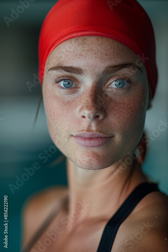 Portrait of a 22-year-old girl swimmer with red hair in a sports swimming cap, at a synchronized swimming competition in the pool photo