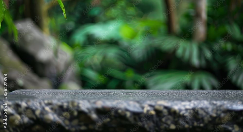 Stone Tabletop with Green Lush Foliage Background Stone Tabletop with Green Lush Foliage Background