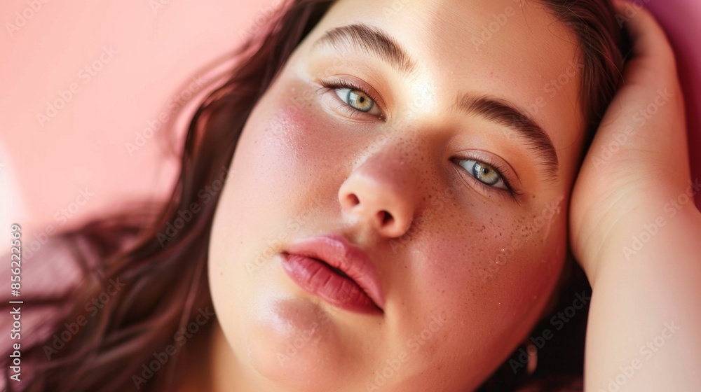 Obraz premium A close-up portrait of a young woman with striking blue eyes freckles and a soft pink complexion resting her head on her hand against a pink background.