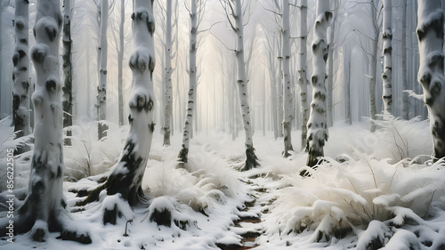 Ethereal Winter Forest: Snowy Landscape with Leafless Trees photo