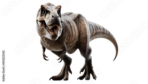 A realistic Tyrannosaurus rex standing upright with a fierce expression on a transparent background