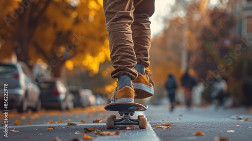 a person riding a skateboard down a street in the fall