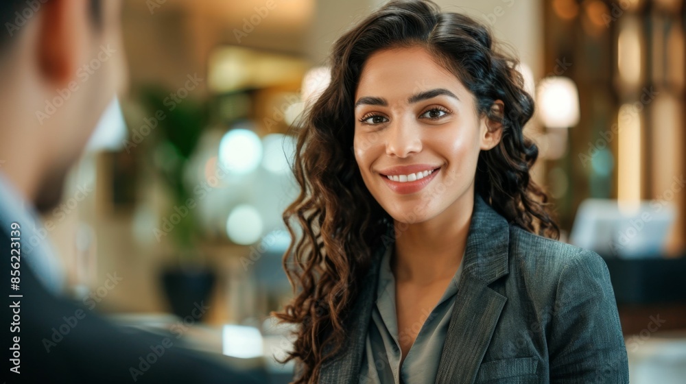Smiling woman with curly hair wearing a blazer engaged in a conversation with a man in a suit. Smiling woman with curly hair wearing a blazer engaged in a conversation with a man in a suit.
