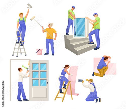 Illustrations of people performing various home renovation tasks in a bright setting. Vector illustration