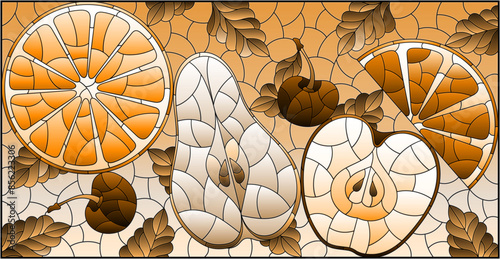 An illustration in the style of a stained glass window with juicy fruits and berries, tone brown