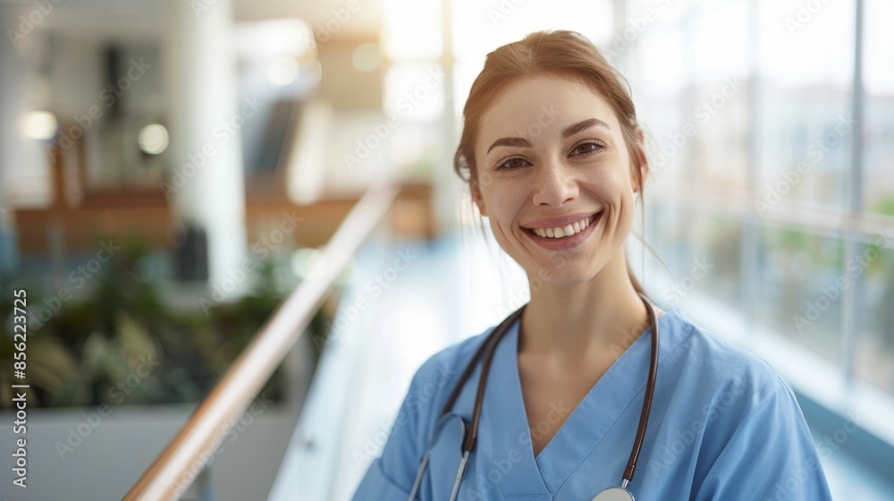 Fototapeta premium Smiling female nurse in blue scrubs standing in a well-lit hospital corridor with large windows and potted plants.