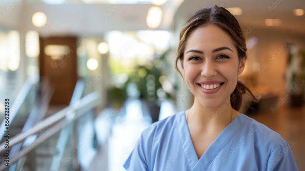 Fototapeta premium Smiling female nurse in blue scrubs standing in a well-lit hallway with blurred background.
