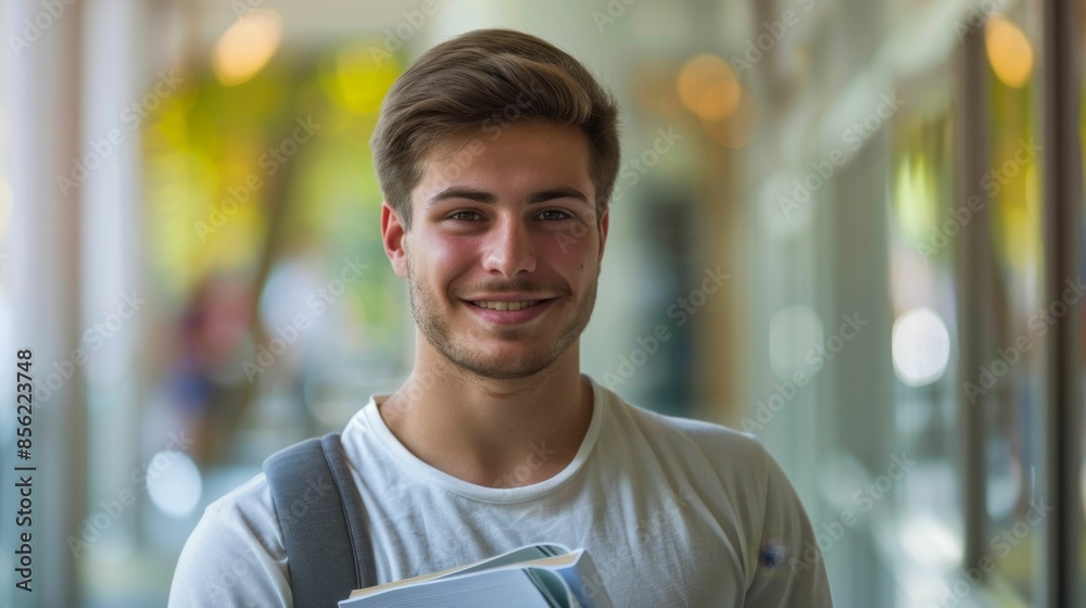 Fototapeta premium Young man with a smile wearing a white t-shirt carrying a backpack standing in front of a blurred background with natural light.
