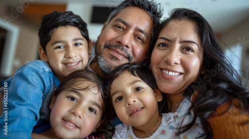 A joyful family of four with two smiling children and a happy couple embracing closely creating a warm and loving atmosphere.