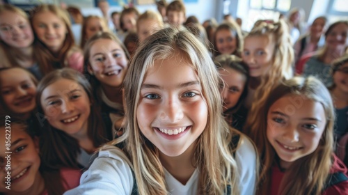 A group of young girls posing for a selfie smiling and looking directly at the camera with one girl holding the phone to capture the moment.