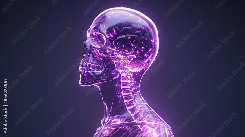 Futuristic full-body medical scan, glowing outlines of human anatomy on a dark purple background, detailed skeletal and organ structures, neon light accents, highly detailed imaging Futuristic full-body medical scan, glowing outlines of human anatomy on a dark purple background, detailed skeletal and organ structures, neon light accents, highly detailed imaging