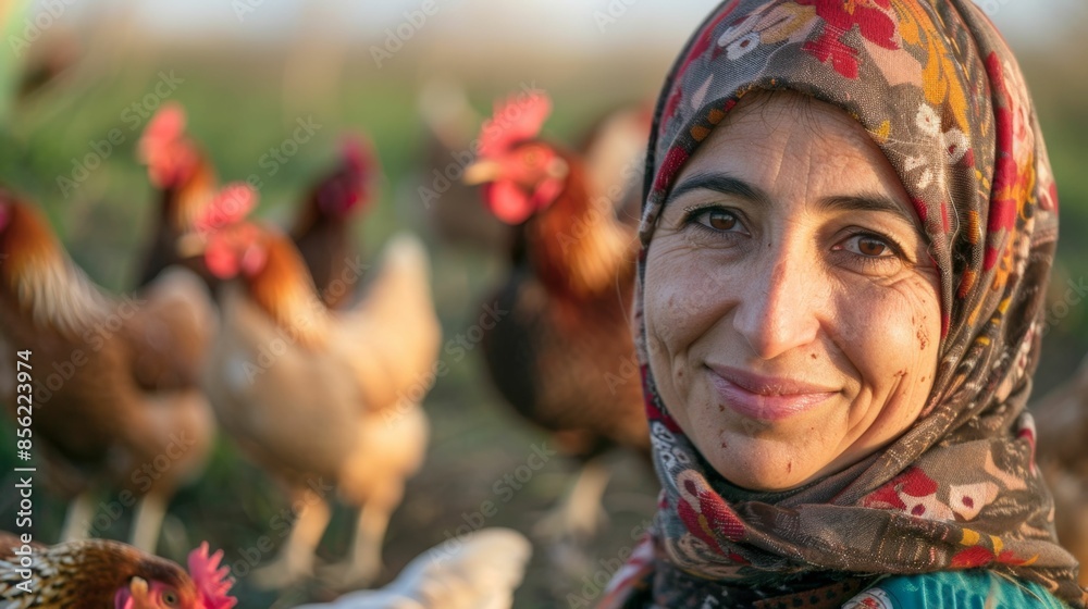A woman with a headscarf smiling at the camera surrounded by chickens in a field. A woman with a headscarf smiling at the camera surrounded by chickens in a field.