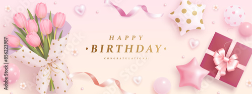 Happy birthday card, invitation or web banner with realistic 3d bouquet of tulips, helium balloons and gift box. Festive background. Vector illustration