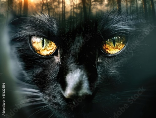 Close-up of a black cat with striking golden eyes reflecting a forest, creating a mystical and enchanting visual effect. photo