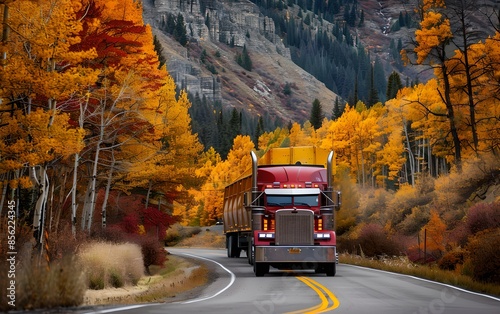 Red truck driving on scenic mountain road in autumn. Logistics, trucking and transportation service. Transport industry concept. Banner, poster 